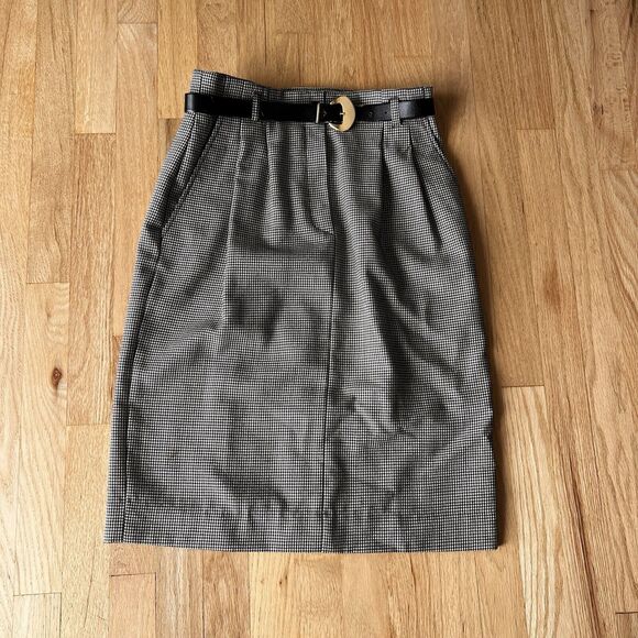 vtg 90s liz claiborne belted Wool pencil Skirt houndstooth sz 8 Pleated pockets - Picture 1 of 6